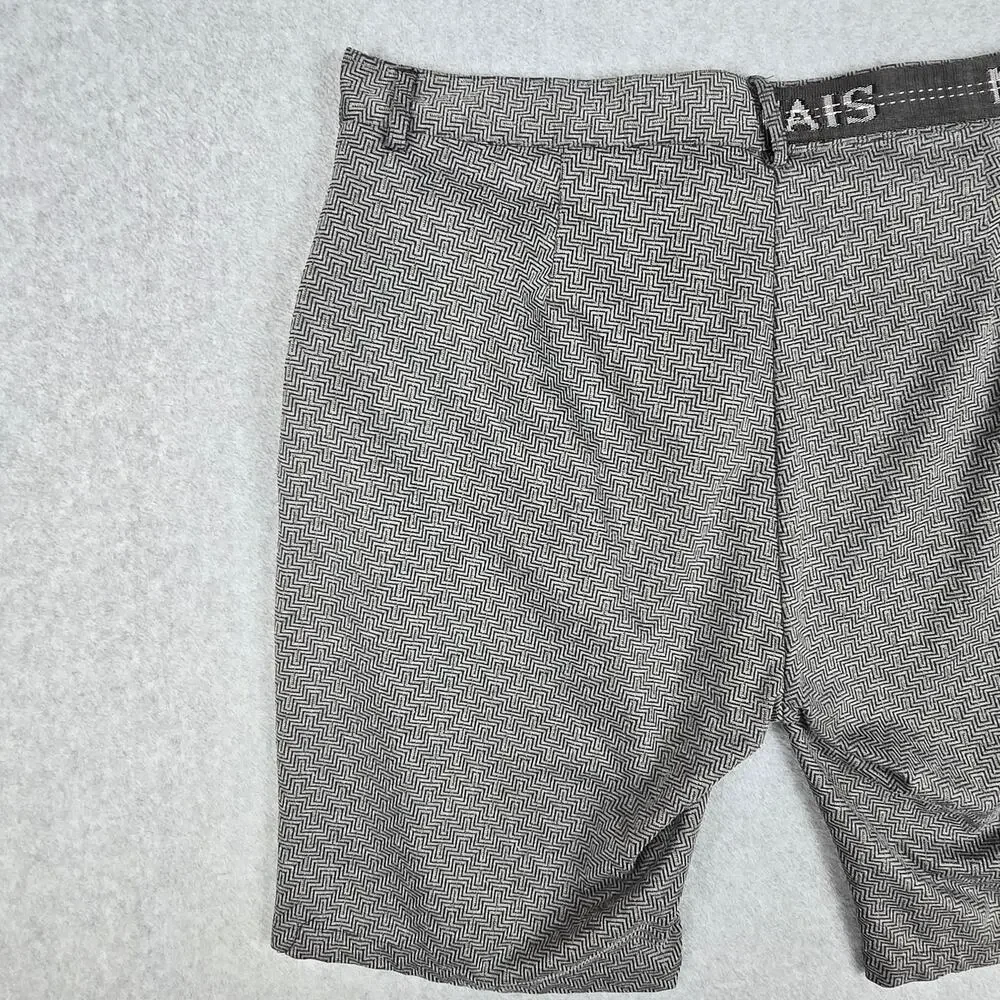 Mauvais 38 Louvre Gray Flat Front Shorts Logo Waistband Geometric Print Pattern